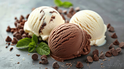 Three Scoops of Ice Cream with Chocolate Syrup and Chocolate Pieces