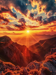 Obraz premium morning or evening, landscape with mountains, sunrise or sunset, dawn or dusk. wall art poster print design for home decor, decoration artwork, high resolution wallpaper & background for computer