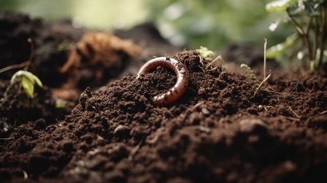 Earthworms in the ground close up. Fertilizers and compost.