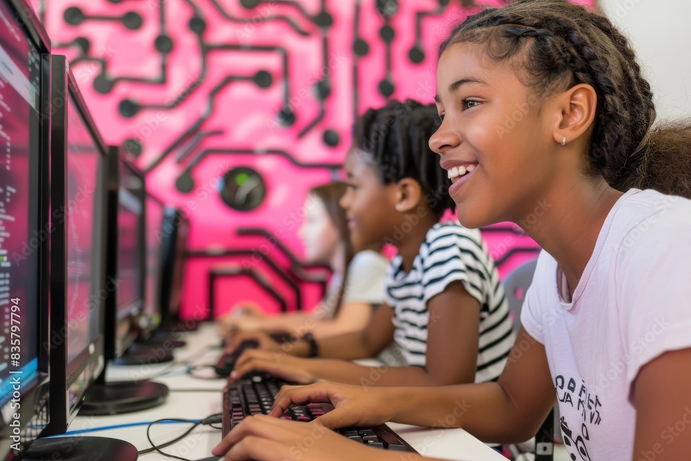 Aufkleber Enthusiastic kids are learning coding on computers in a tech education setting. The modern classroom nurtures creativity, teamwork, and engagement in young learners, shaping them for the future