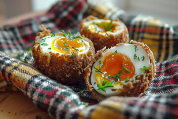 Scotch Eggs with a perfectly cooked yolk, served on a picnic blanket.