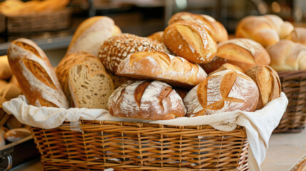 Assorted Bread Loaves in Basket at Bakery