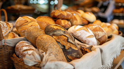 Assorted Bread Loaves in Basket at Bakery
