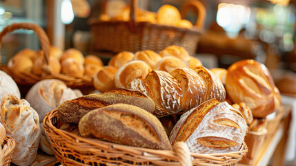Assorted Bread Loaves in Basket at Bakery