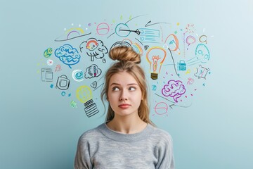 A young woman in deep thought is shown against a creative background, pondering various ideas and concepts with a touch of artistic doodles symbolizing brainstorming and innovative thinking - Powered by Adobe