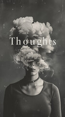 Thoughts - A woman with smoke covering half of her head with the text "thoughts"