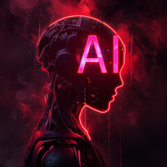 AI - A futuristic cyborg silhouette with a pink neon text "AI" on the head