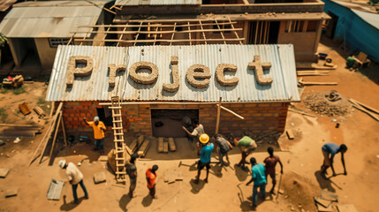 Project - Construction worker building a house together with the word "project" on the roof