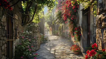 Obraz premium Vibrant Cobblestone Street Lined with Colorful Flowers and Trees