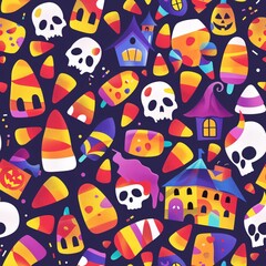 A colorful seamless pattern with an assortment of Halloween motifs like candy corn, skulls, and haunted houses forming a repetitive and festive design