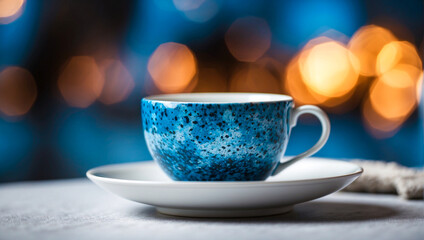 Blue asian traditional tea cups. gold and blue texture cups on white table, hand crafted