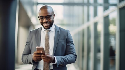 Smiling African American Businessman Using Smartphone in Urban Setting, horizontal banner with copy space