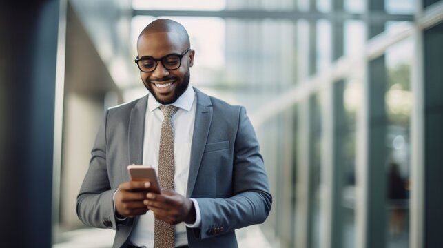 Smiling African American Businessman Using Smartphone in Urban Setting, horizontal banner with copy space