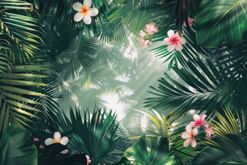 Vibrant Tropical Pattern with Palm Leaves and Exotic Flowers in Sunlight