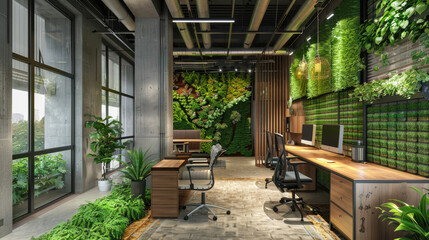 Modern office with green wall, desks and chairs