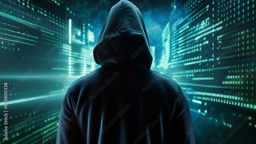 Fototapete Hacker silhouette of hooded man with binary data and terms related to computer crime