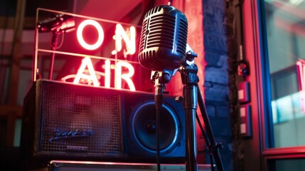 Vintage Microphone on Stand with 'On Air' Neon Sign in Radio Station at Night