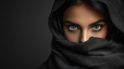 Naklejka premium Closeup portrait of a mysterious woman with her mouth and nose hidden under a black scarf. She has beautiful, piercing eyes and is looking directly at the viewer. Copy space.