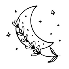 Abstract Floral Botanical Line Art Hand Drawn Moon Stars