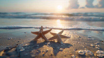 Starfish on Sandy Beach with Seashells
