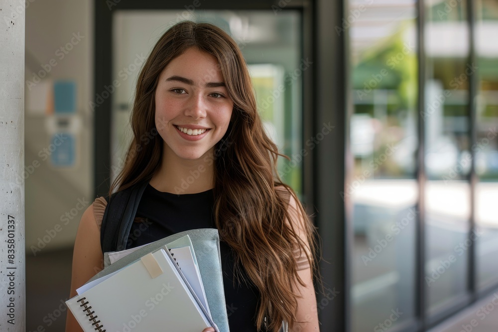 Poster a cheerful student on a university campus exudes positivity while holding books, embodying a lively 