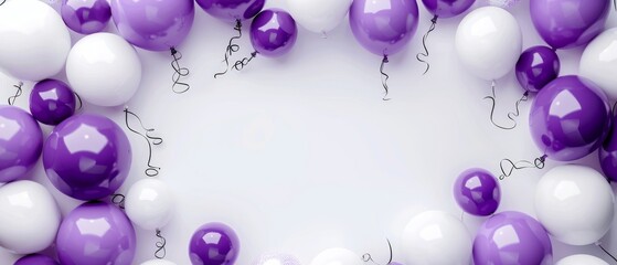 Festive purple and white balloons frame with curly ribbons, creating a celebratory border on a white background. Perfect for party invitations.