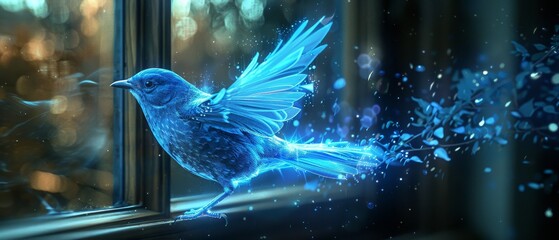 A mystical, glowing blue bird takes flight through an open window, leaving a trail of magical particles in its wake.