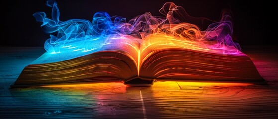 A mesmerizing open book emitting colorful, vibrant smoke, symbolizing magical knowledge and imagination in a dark, mysterious setting.