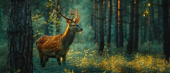Majestic deer with impressive antlers standing in a sunlit forest, surrounded by tall trees and green foliage, capturing the essence of nature.