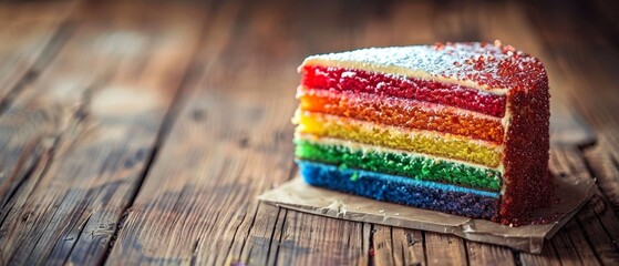 Colorful slice of rainbow cake on a rustic wooden table, layered with vibrant hues and topped with sprinkles.