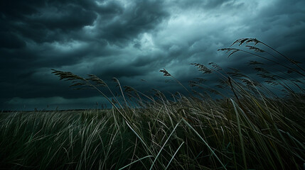 field of tall grass swaying under a dark sky in stormy weather