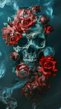A skull with red roses surrounding it