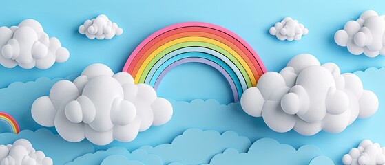 Colorful paper art rainbow in a blue sky with fluffy white clouds. Creative and whimsical design perfect for backgrounds and illustrations.