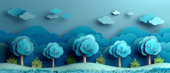 Whimsical paper art forest with layered blue trees, fluffy clouds, and serene landscape. Perfect for nature-themed projects and backgrounds.