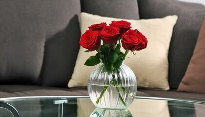 red roses in a glass vase on a glass table