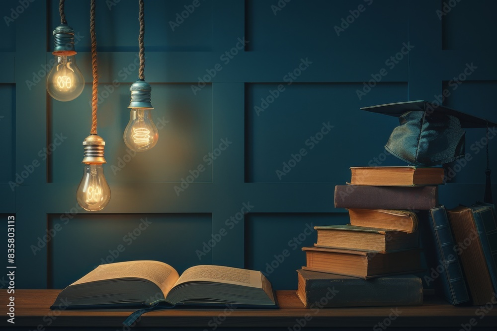 Poster Create a serene study space with glowing bulbs and books to promote enlightenment and intellectual growth. Fill it with a graduation cap symbolizing education, knowledge, and wisdom