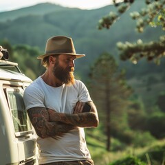 Fototapeta premium Bearded Man in Hat Standing Near Van, Surrounded by Nature