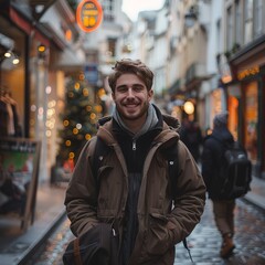 Fototapeta premium Casually Dressed Traveler Posing in a Cobblestone European Alleyway