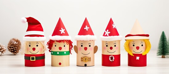 Fototapeta premium Creative idea for eco-friendly Christmas crafts involving paper toy Santa, Snowman, and Grinch for a Xmas party on a blue background with copy space image, using recycled toilet tube rolls.