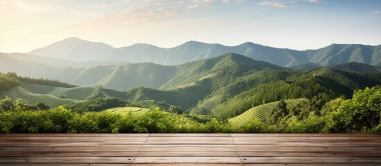 Scenic mountain view displayed on a wooden table top with copy space image.