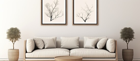 Room interior with a three-part wall canvas featuring flowers, accompanied by a sofa, lamp, plant, and table, all set against a backdrop of copy space image.
