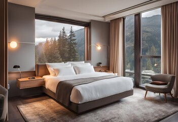 Cozy hotel bedroom interior with bed, nightstand, panoramic window: inviting ambiance, comfortable stay, relaxation, travel experience, hospitality.
