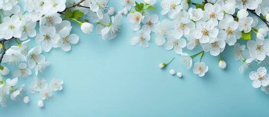 A serene spring-themed image featuring white blossoming branches against a soft blue backdrop with delicate blooms, embodying the essence of spring with a spacious area for text or graphics