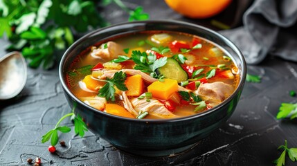 Bowl of chicken soup with fiery boiled bamboo shoots