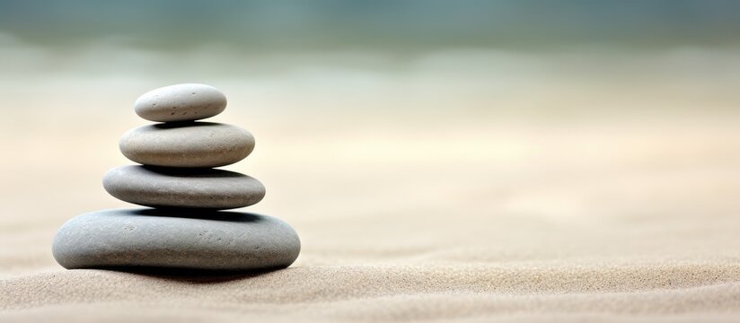 Zen garden meditation stone background with stones arranged in sand to promote relaxation, balance, and harmony; suitable for spiritual or spa wellness themes with copy space image.