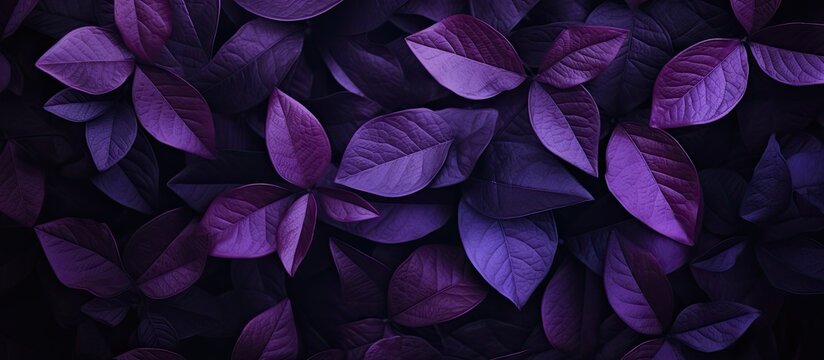 Close-up view of purple leaves creates an abstract leaf texture in the background with copy space image.