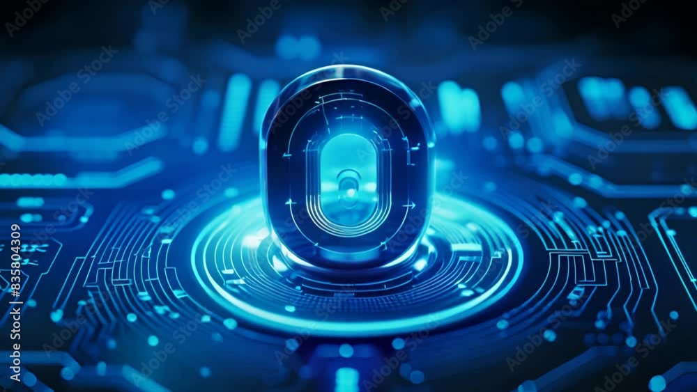 Poster Animated padlock with fingerprint icon on cyber security network technology background.