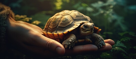 Naklejka premium A child in a white T-shirt holds a Central Asian land turtle, creating a cute image for pet care with a reptile, an exotic animal synonymous with longevity, against a copy space background.