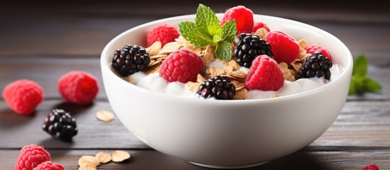 Close-up top view of a nutritious breakfast featuring homemade granola, yogurt, and fresh berries on a stone background with copy space image.