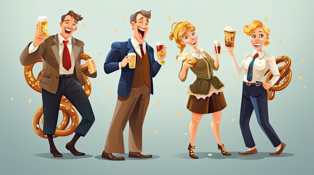 Office colleagues dressed in Oktoberfest attire, celebrating with beer and pretzels during a lunch break